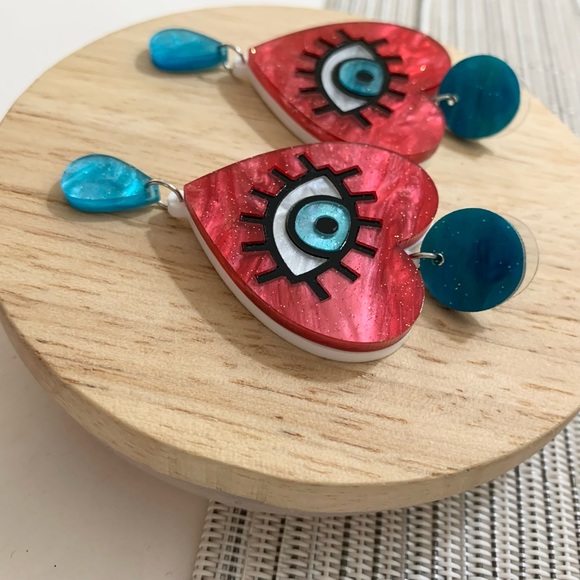 🔥 S O L D Evil Eye Love Heart Statement Earrings - Deep Red - Acrylic - Picture 7 of 9